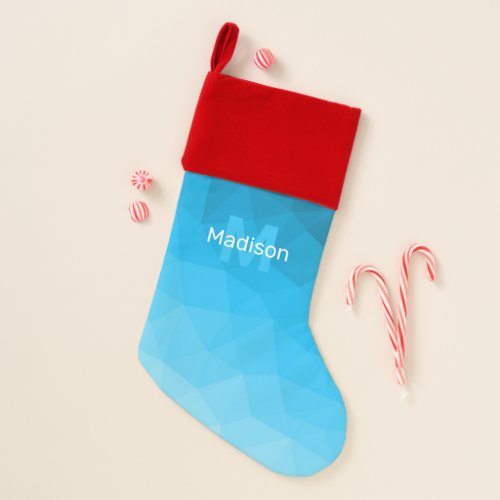 Light blue cyan geometric mesh pattern Monogram Christmas Stocking