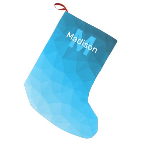 Light blue cyan geometric mesh pattern Monogram Small Christmas Stocking