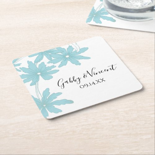 Light Blue Daisies Wedding Square Paper Coaster