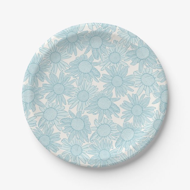 Light Blue Daisy Flowers Paper Plates (Front)