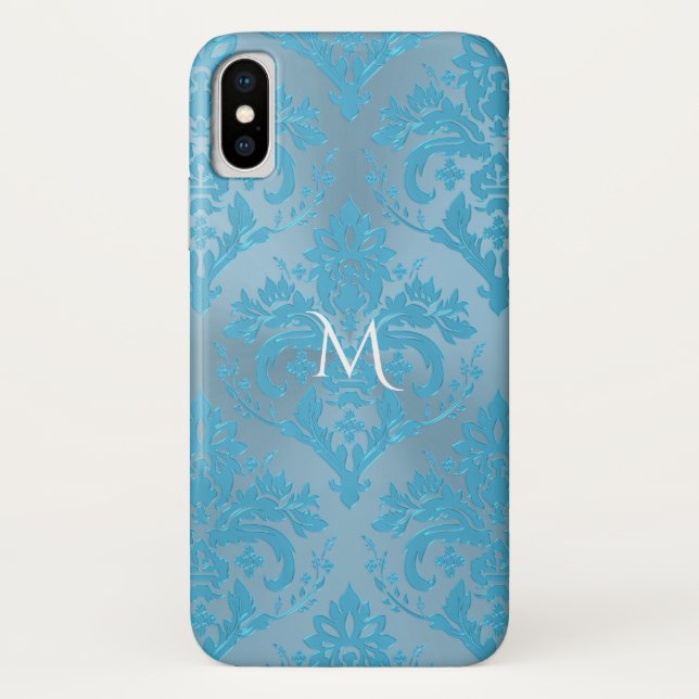 Light Blue Damask Monogram iPhone X Case (Back)