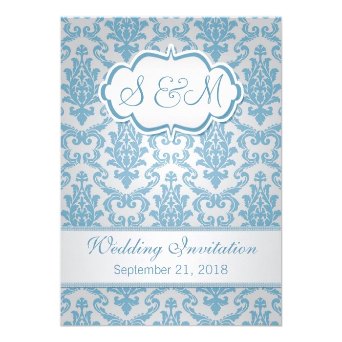 Light blue damask on silver background Wedding Custom Invitations