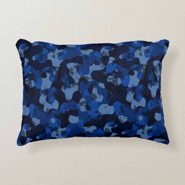 light blue, dark blue, dusty blue camo abstract accent pillow (Front)