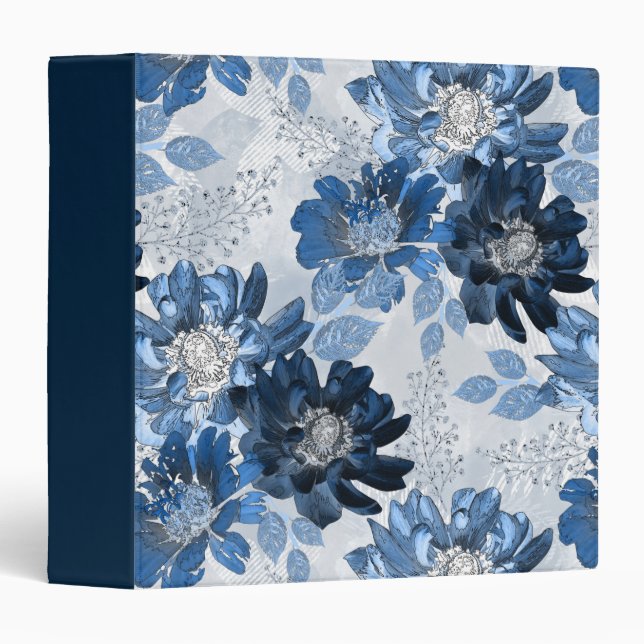 Light blue, dark blue flowers on light gray 3 ring binder (Front/Spine)