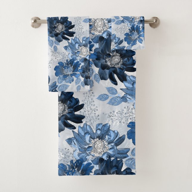 Light blue, dark blue flowers on light gray bath towel set (Insitu)