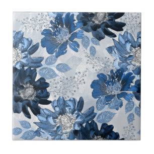 Light blue, dark blue flowers on light gray ceramic tile