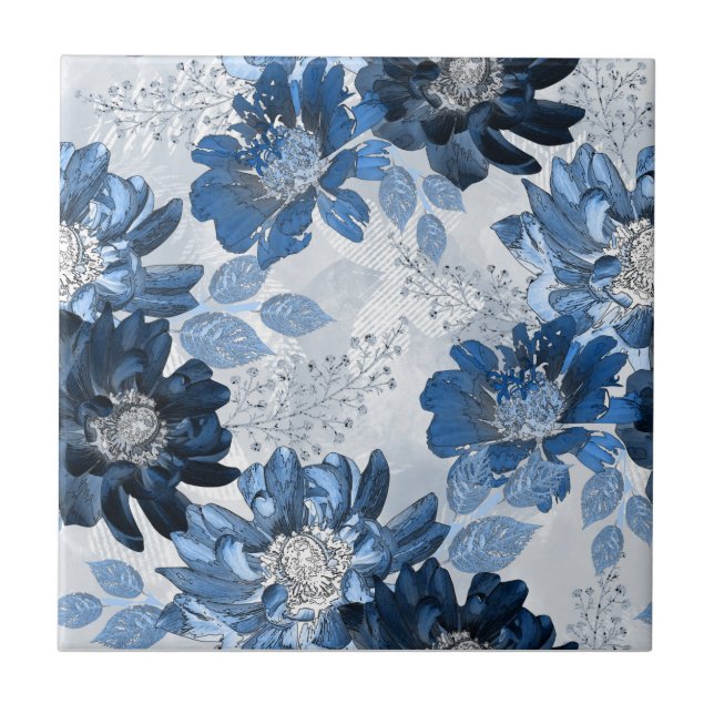 Light blue, dark blue flowers on light gray ceramic tile (Front)
