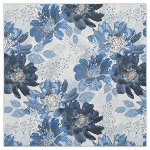 Light blue, dark blue flowers on light gray fabric