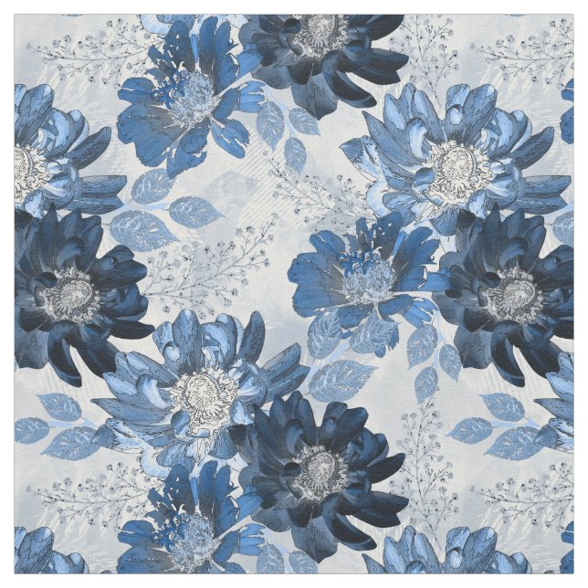 Light blue, dark blue flowers on light gray fabric (Swatch)