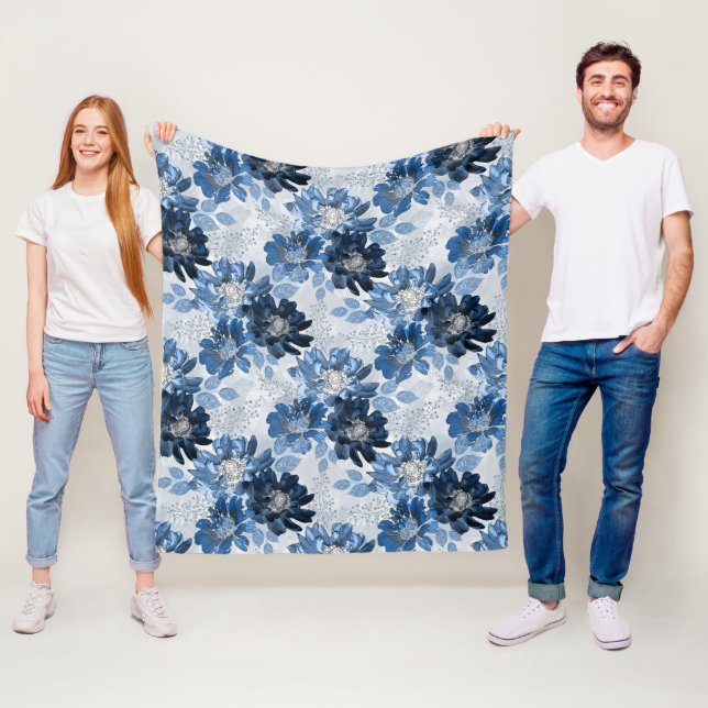 Light blue, dark blue flowers on light gray fleece blanket (In Situ)