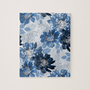 Light blue, dark blue flowers on light gray jigsaw puzzle