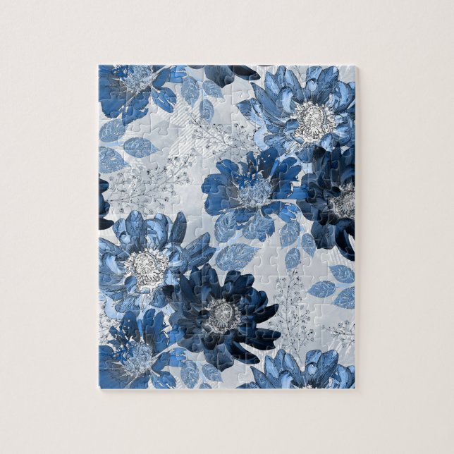 Light blue, dark blue flowers on light gray jigsaw puzzle (Vertical)