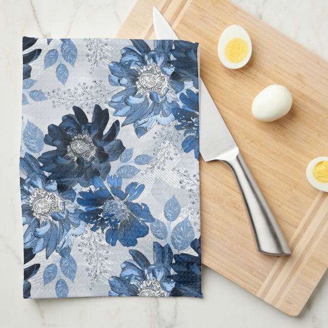 Light blue, dark blue flowers on light gray kitchen towel (Quarter Fold)