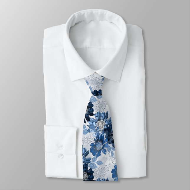 Light blue, dark blue flowers on light gray neck tie (Tied)