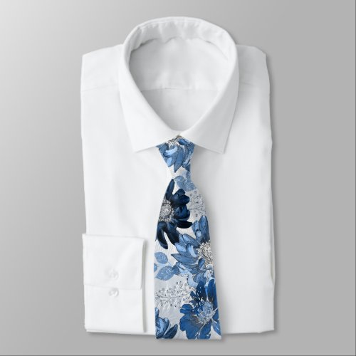 Light blue dark blue flowers on light gray neck tie