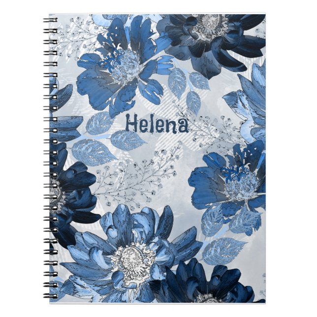 Light blue, dark blue flowers on light gray notebook (Front)