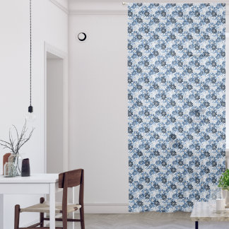 Light blue, dark blue flowers on light gray sheer curtains