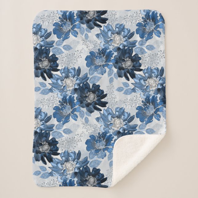 Light blue, dark blue flowers on light gray sherpa blanket (Front)