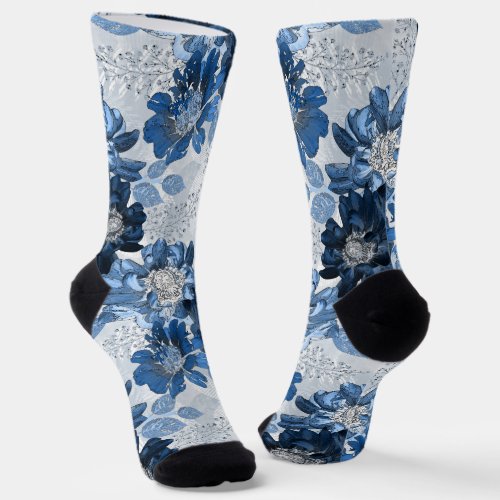 Light blue dark blue flowers on light gray socks