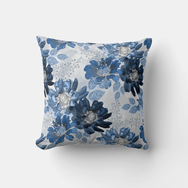 Light blue, dark blue flowers on light gray throw pillow (Front)