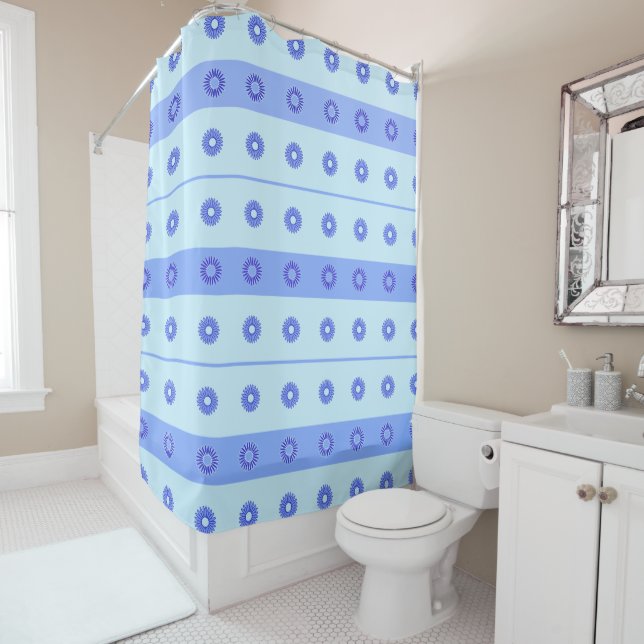 Light Blue Dark Blue Flowers Pattern Shower Curtain (In Situ)