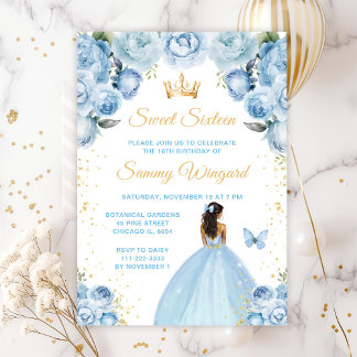 Light Blue Dark Skin Princess Sweet Sixteen Invitation