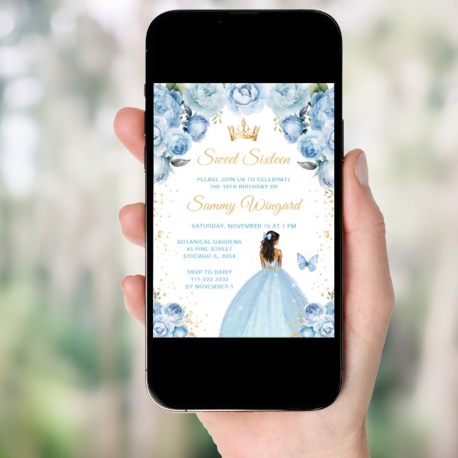 Light Blue Dark Skin Princess Sweet Sixteen Invitation (Front Digital)