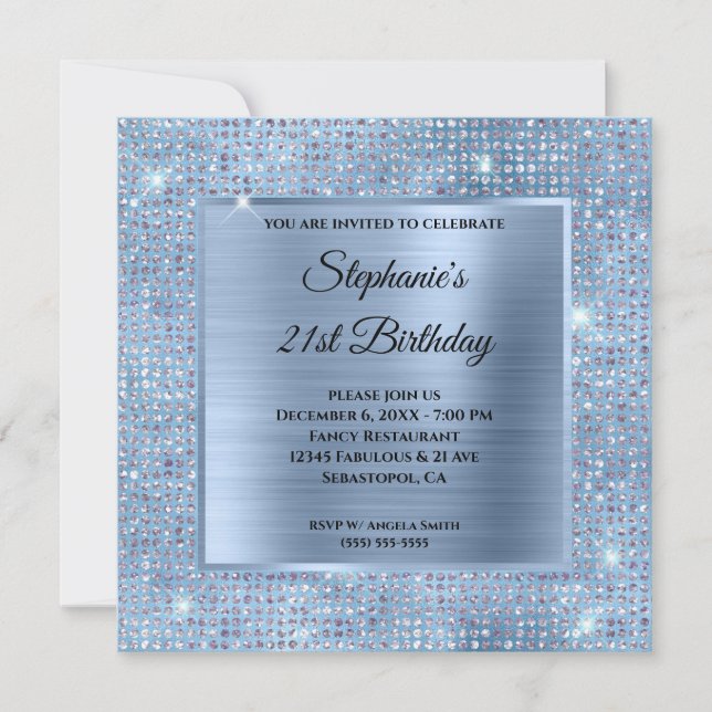 Light Blue Diamond Studded Foil 21st Birthday Invitation (Front)