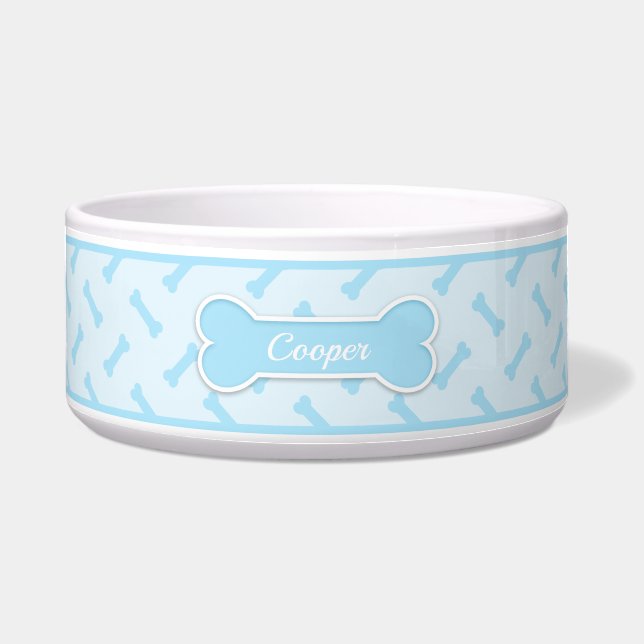 Light Blue Dog Bone Pattern With Custom Pet Name Bowl (Front)