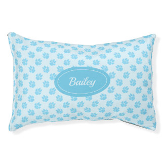 Light Blue Dog Paws Pattern With Custom Name Pet Bed