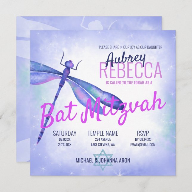 Light Blue Dragonfly Bat Mitzvah Invitation (Front/Back)