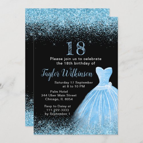 Light Blue Dress Faux Glitter Birthday Party Invitation