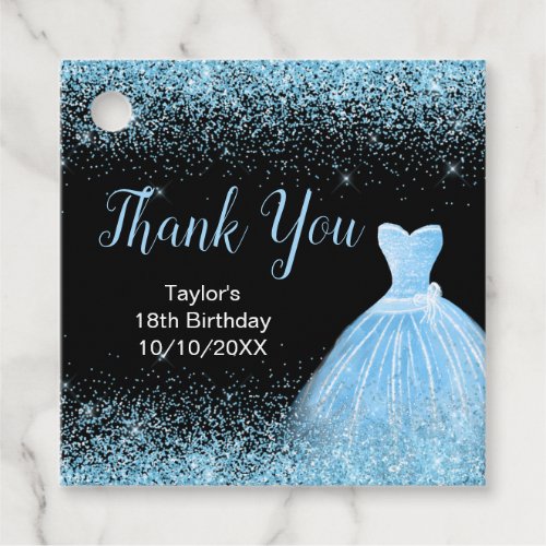 Light Blue Dress Faux Glitter Birthday Thank You Favor Tags