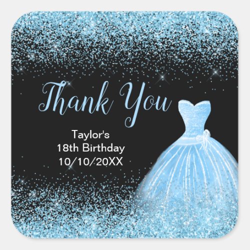 Light Blue Dress Faux Glitter Birthday Thank You Square Sticker