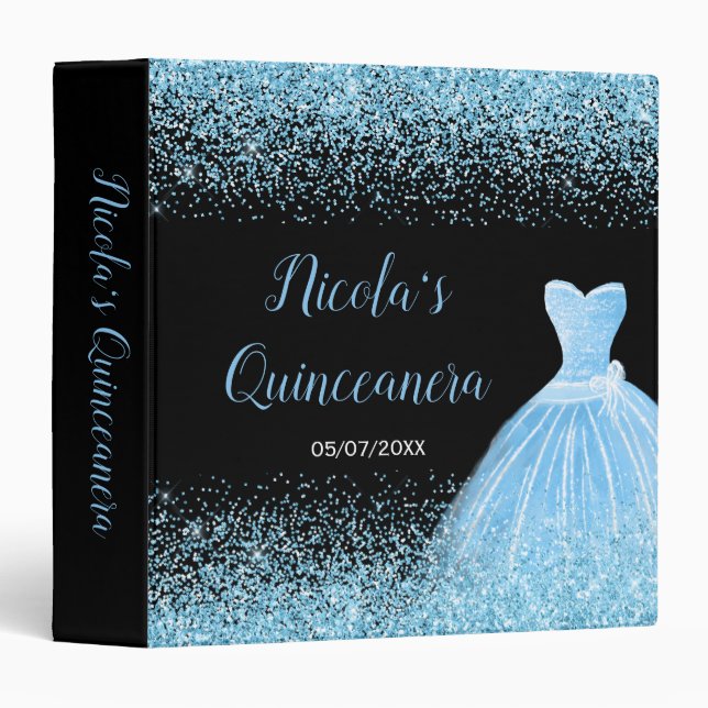 Light Blue Dress Faux Glitter Quinceanera Album 3 Ring Binder (Front/Spine)
