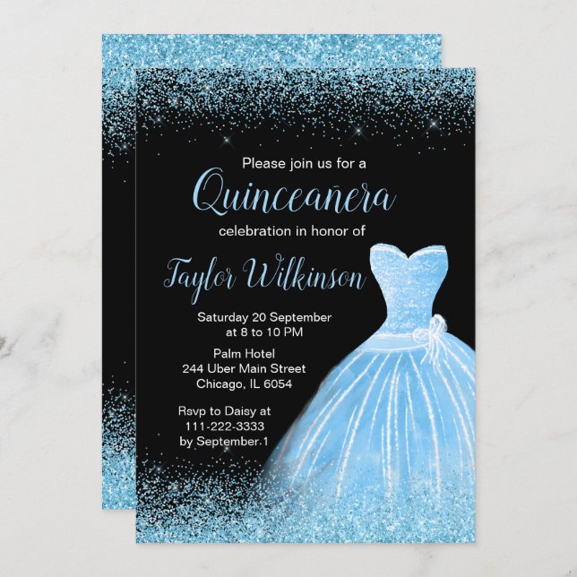 Light Blue Dress Faux Glitter Quinceanera Invitation (Front/Back)
