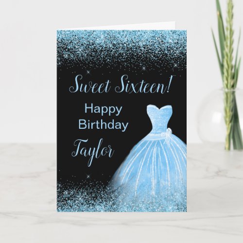 Light Blue Dress Faux Glitter Sweet 16 Birthday Card