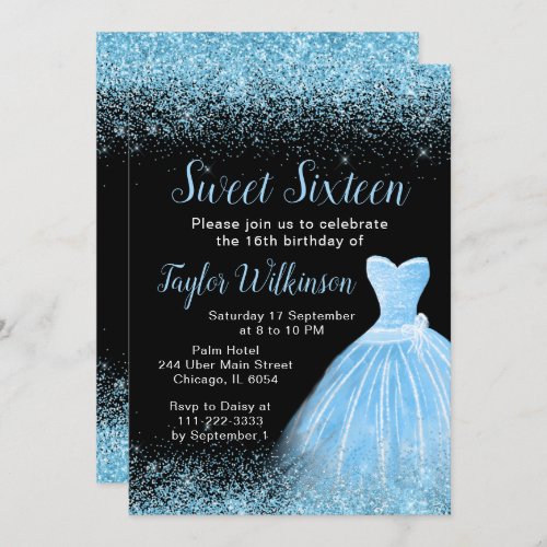 Light Blue Dress Faux Glitter Sweet 16 Birthday Invitation
