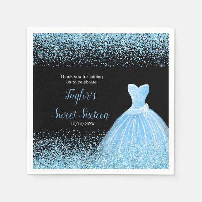 Light Blue Dress Faux Glitter Sweet 16 Birthday Napkins (Front)