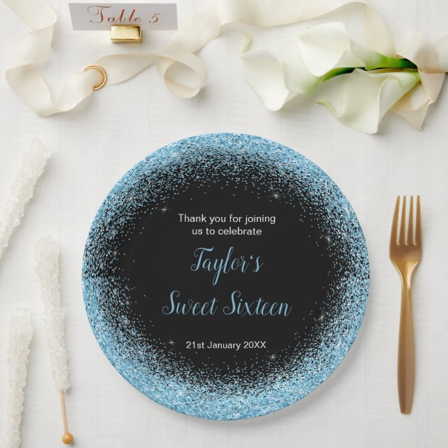 Light Blue Dress Faux Glitter Sweet 16 Birthday Paper Plates (Wedding)
