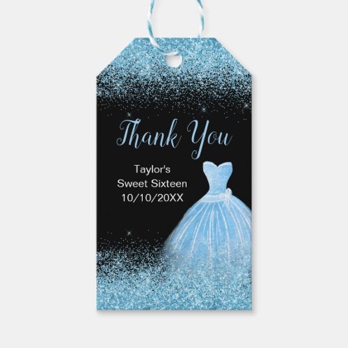Light Blue Dress Faux Glitter Sweet 16 Thank You Gift Tags