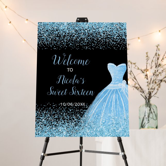 Light Blue Dress Faux Glitter Sweet 16 Welcome Foam Board (In Situ (Stand))