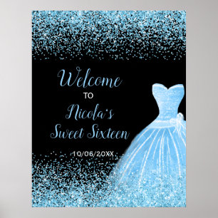 Light Blue Dress Faux Glitter Sweet 16 Welcome Poster
