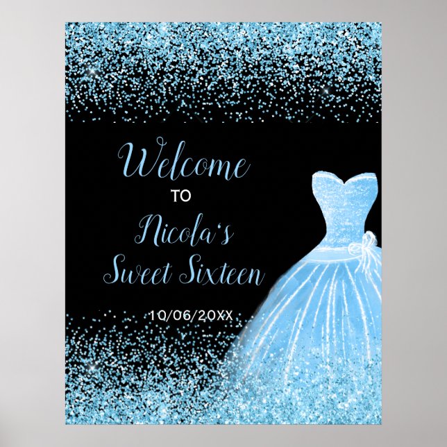 Light Blue Dress Faux Glitter Sweet 16 Welcome Poster (Front)