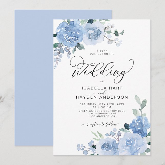 Light Blue Dusty Floral Botanical Elegant Wedding  Invitation (Front/Back)