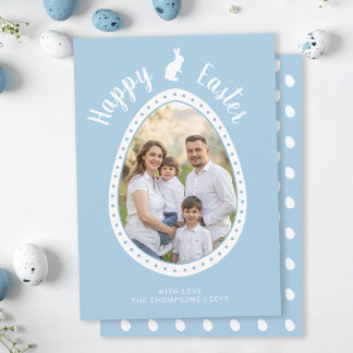 Light Blue Easter Egg Shape With Photo And Bunny Card