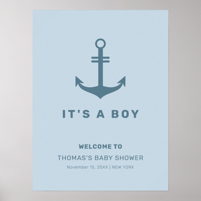 Light Blue Elegant  Anchor Baby Shower Welcome  Poster (Front)