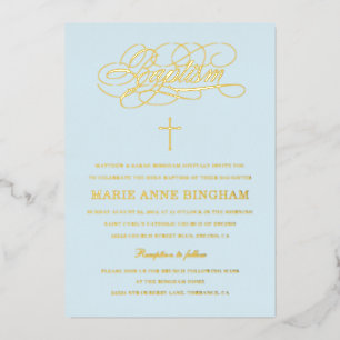 Light Blue Elegant Calligraphy Baptism Gold Foil Invitation
