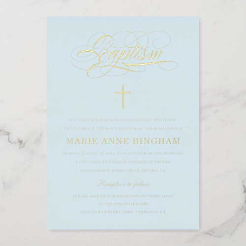 Light Blue Elegant Calligraphy Baptism Gold Foil Invitation
