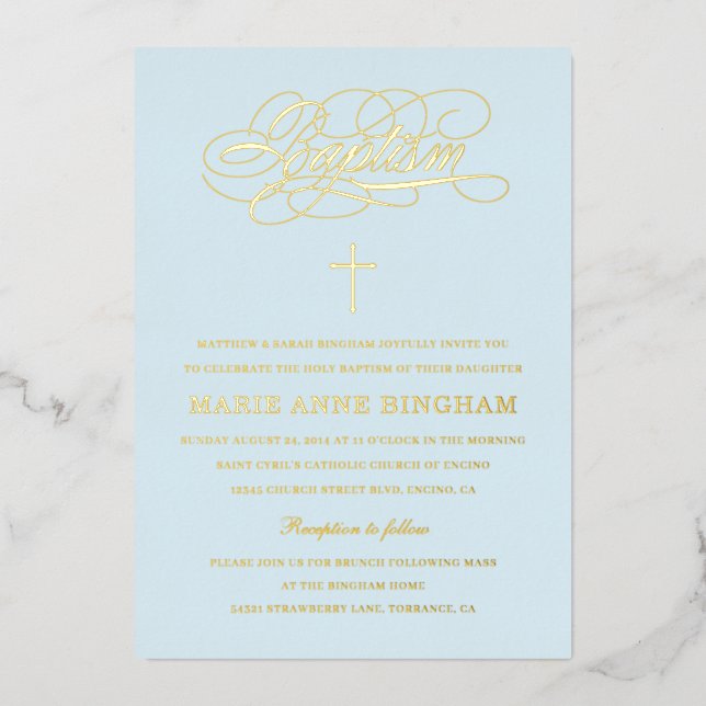 Light Blue Elegant Calligraphy Baptism Gold Foil Invitation (Front)